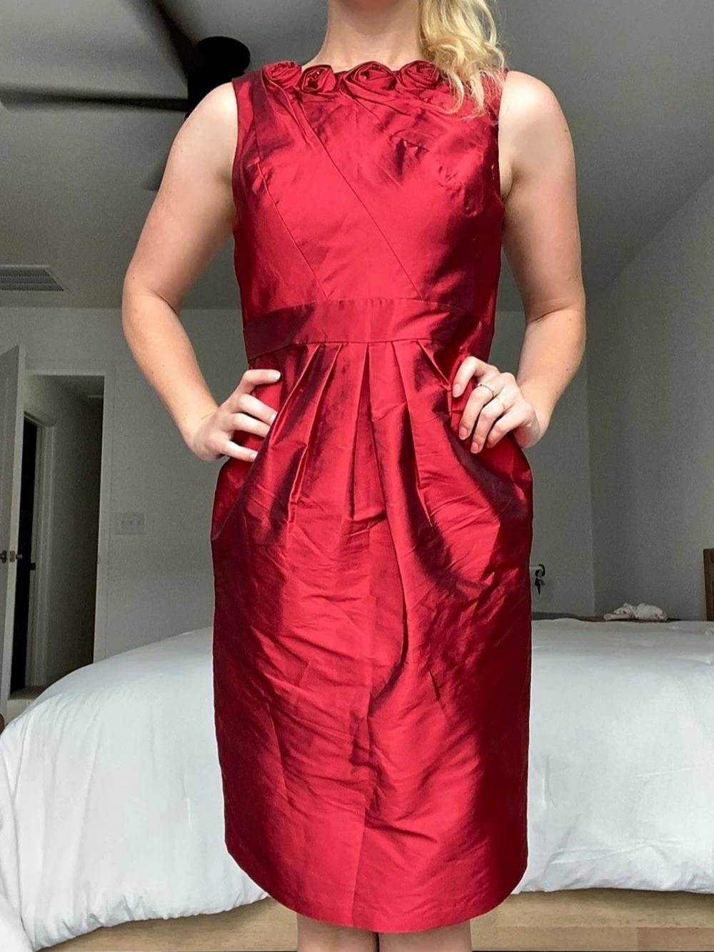 Adrianna Papell Red Rosette Sheath Dress Midi Red Size 8